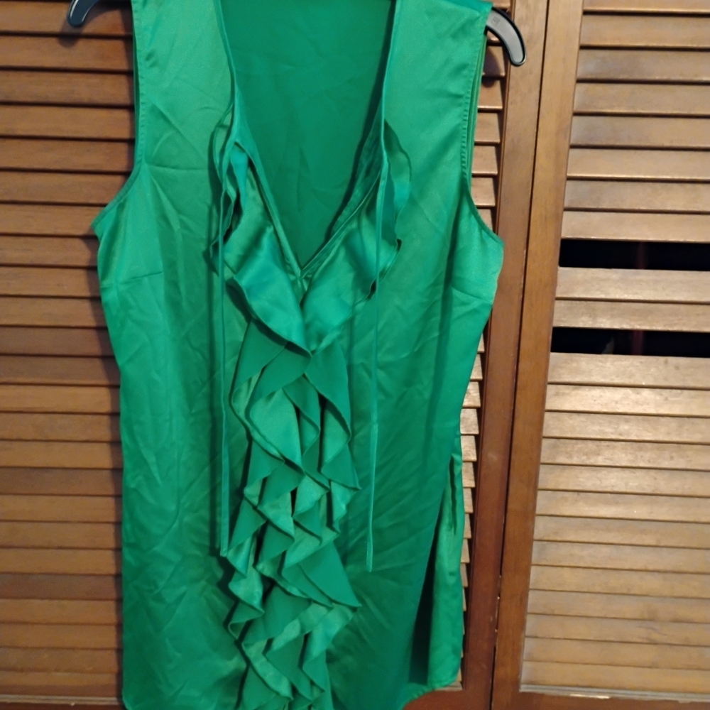 New York And Company Vibrant Green Ruffle, Sleeveless, Satin Blouse. - Picture 2 of 9